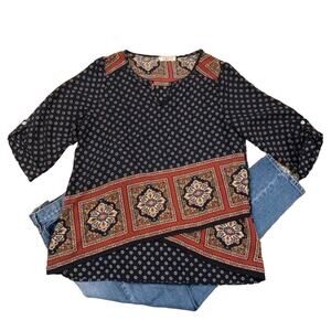 West K | Navy Boho Asymmetric Print Top - SIZE LARGE